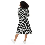 ViaFashion Illusionist Long Sleeve Midi Dress – Bold Black & White Checkered Pattern - Image 3