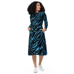 ViaFashion Midnight Waves Long Sleeve Midi Dress – Bold Black & Blue Abstract Print, Elegant & Flowy Fit