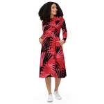 ViaFashion Scarlet Palm Long Sleeve Midi Dress – Bold Red & Black Tropical Print, Elegant & Flattering Fit