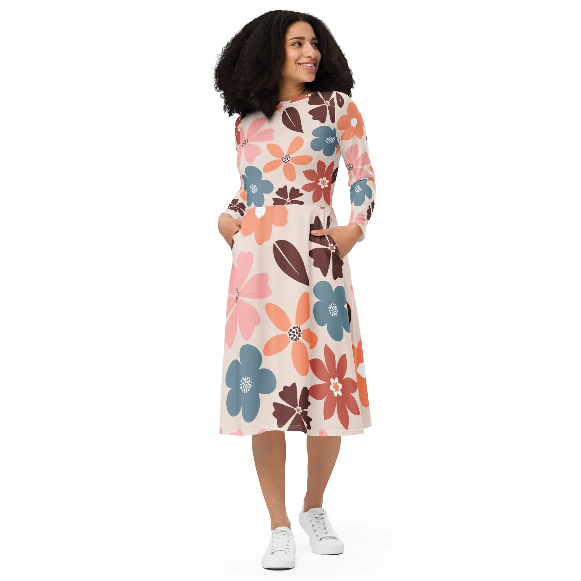 all-over-print-long-sleeve-midi-dress-white-front-67c0dc8ad2648.jpg ViaFashion Elegance Long Sleeve Midi Dress – Chic & Flattering, Perfect for Any Occasion - Image 1