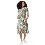ViaFashion Botanical Elegance Long Sleeve Midi Dress – Timeless Floral Charm in White & Earthy Tones