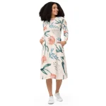 ViaFashion Watercolor Blossom Long Sleeve Midi Dress – Elegant Floral Charm in Soft Pastels