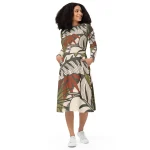 ViaFashion Earthy Elegance Long Sleeve Midi Dress – Bold Autumn Botanical Print