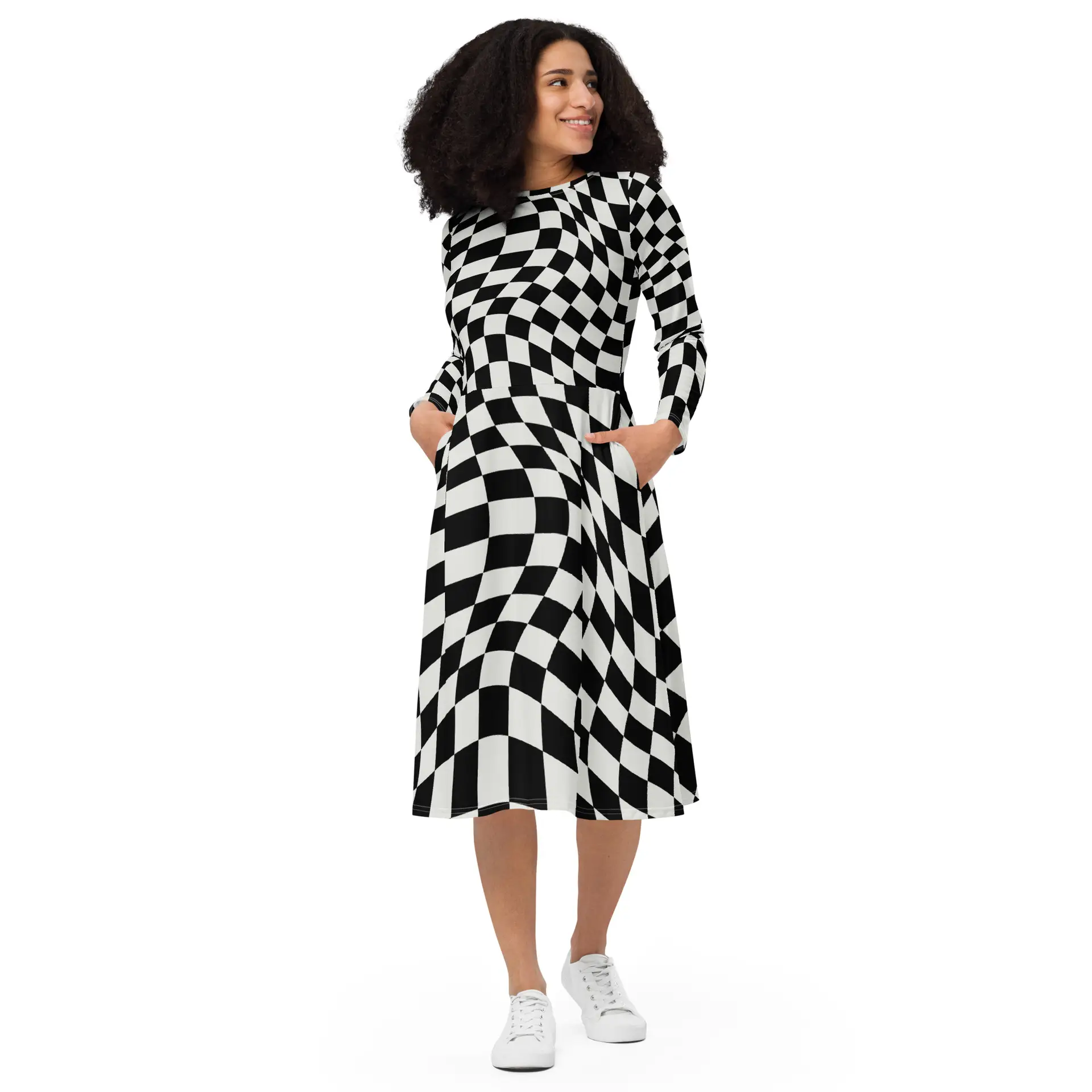 all-over-print-long-sleeve-midi-dress-white-front-67c0f376e0928.jpg ViaFashion Illusionist Long Sleeve Midi Dress – Bold Black & White Checkered Pattern - Image 1