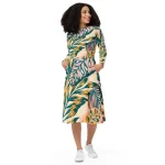 ViaFashion Tropical Breeze Long Sleeve Midi Dress – Bold Palm Leaf Print