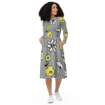 ViaFashion Midnight Blossom Long Sleeve Midi Dress – Chic Floral Elegance in Grey & Yellow