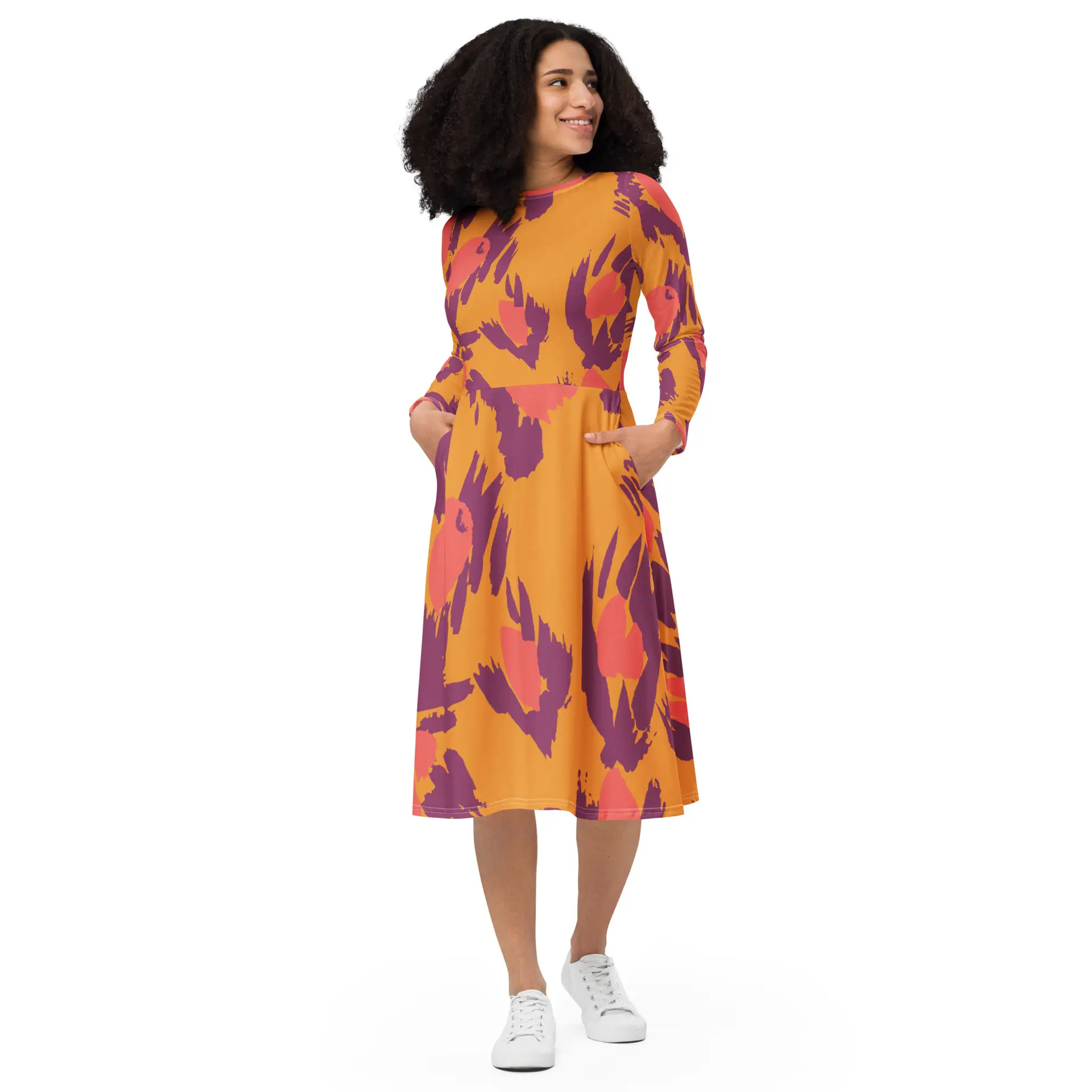 all-over-print-long-sleeve-midi-dress-white-front-67c11d9897985.jpg ViaFashion Sunset Aura Long Sleeve Midi Dress – Bold Abstract Elegance - Image 1