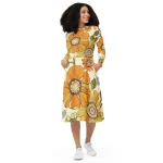 ViaFashion Retro Bloom Long Sleeve Midi Dress – Vintage Floral Elegance