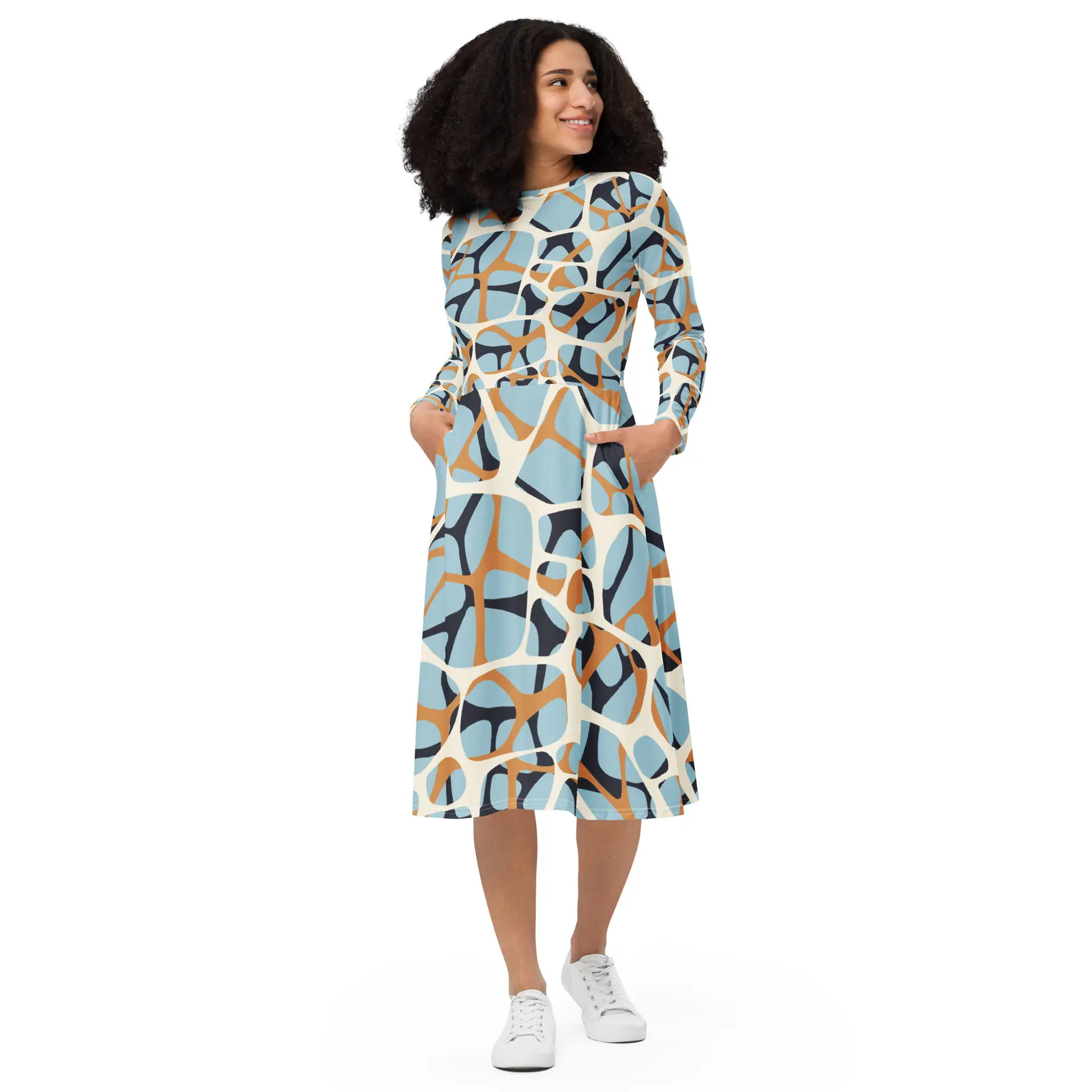 all-over-print-long-sleeve-midi-dress-white-front-67c11f9fa4569.jpg ViaFashion Abstract Art Midi Dress – Modern Geometric Elegance - Image 1