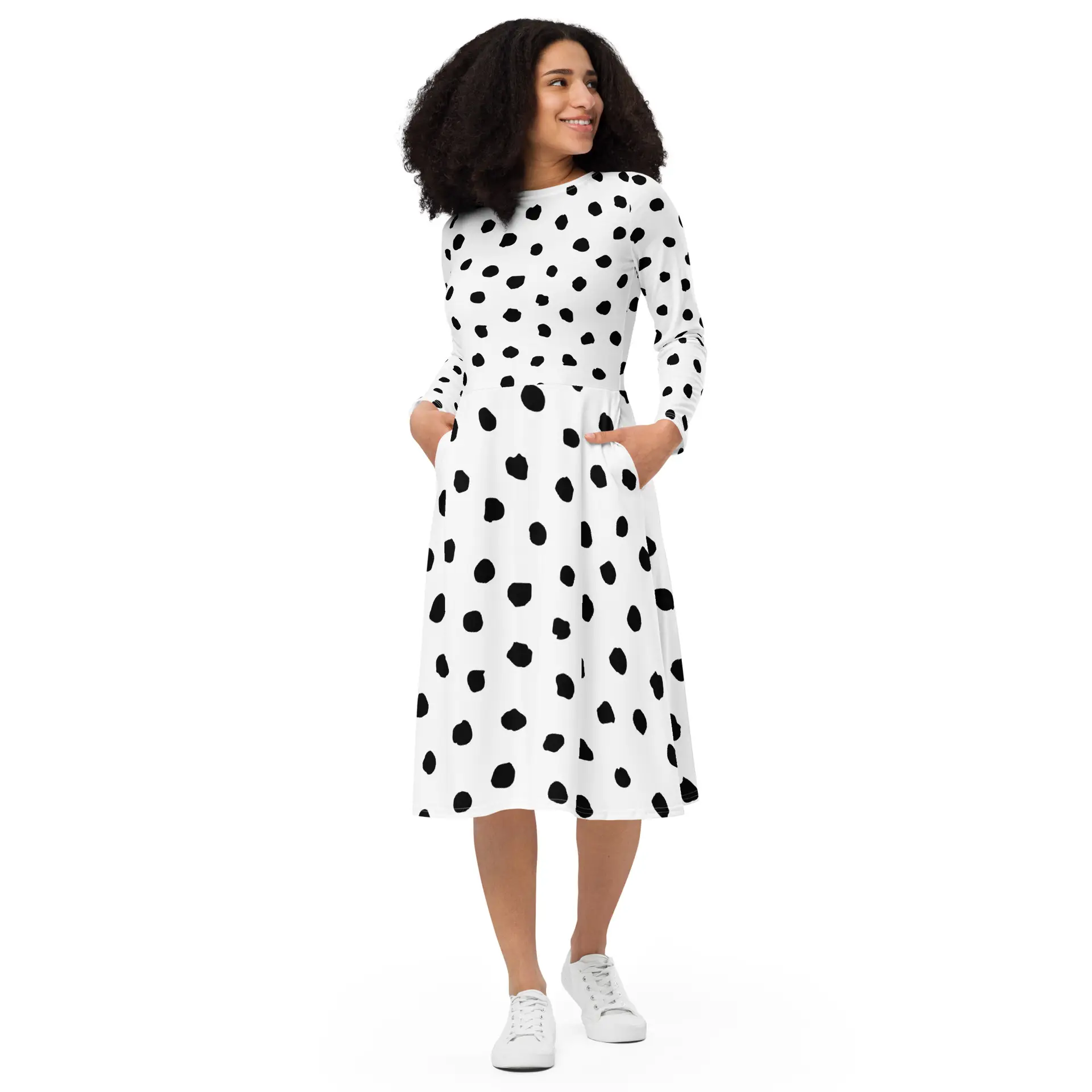 all-over-print-long-sleeve-midi-dress-white-front-67c1209e0f952.jpg ViaFashion Monochrome Chic Polka Dot Midi Dress – Timeless Elegance - Image 1