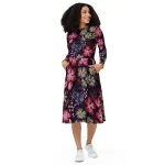 ViaFashion Midnight Blossom Long Sleeve Midi Dress