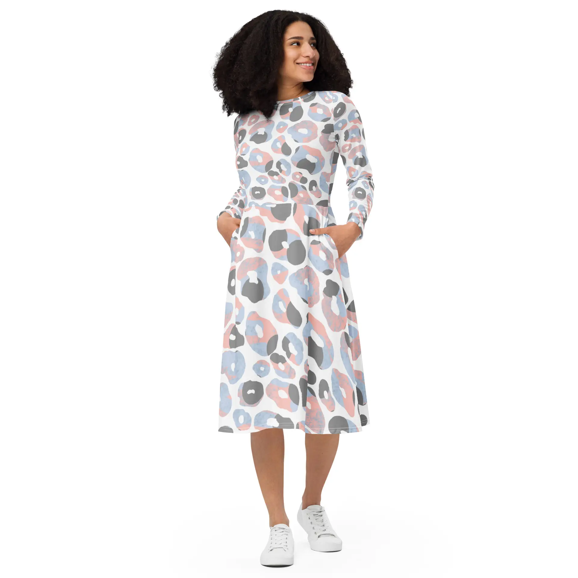 all-over-print-long-sleeve-midi-dress-white-front-67c12a04ab4ec.jpg ViaFashion Soft Blush Leopard Long Sleeve Midi Dress - Image 1