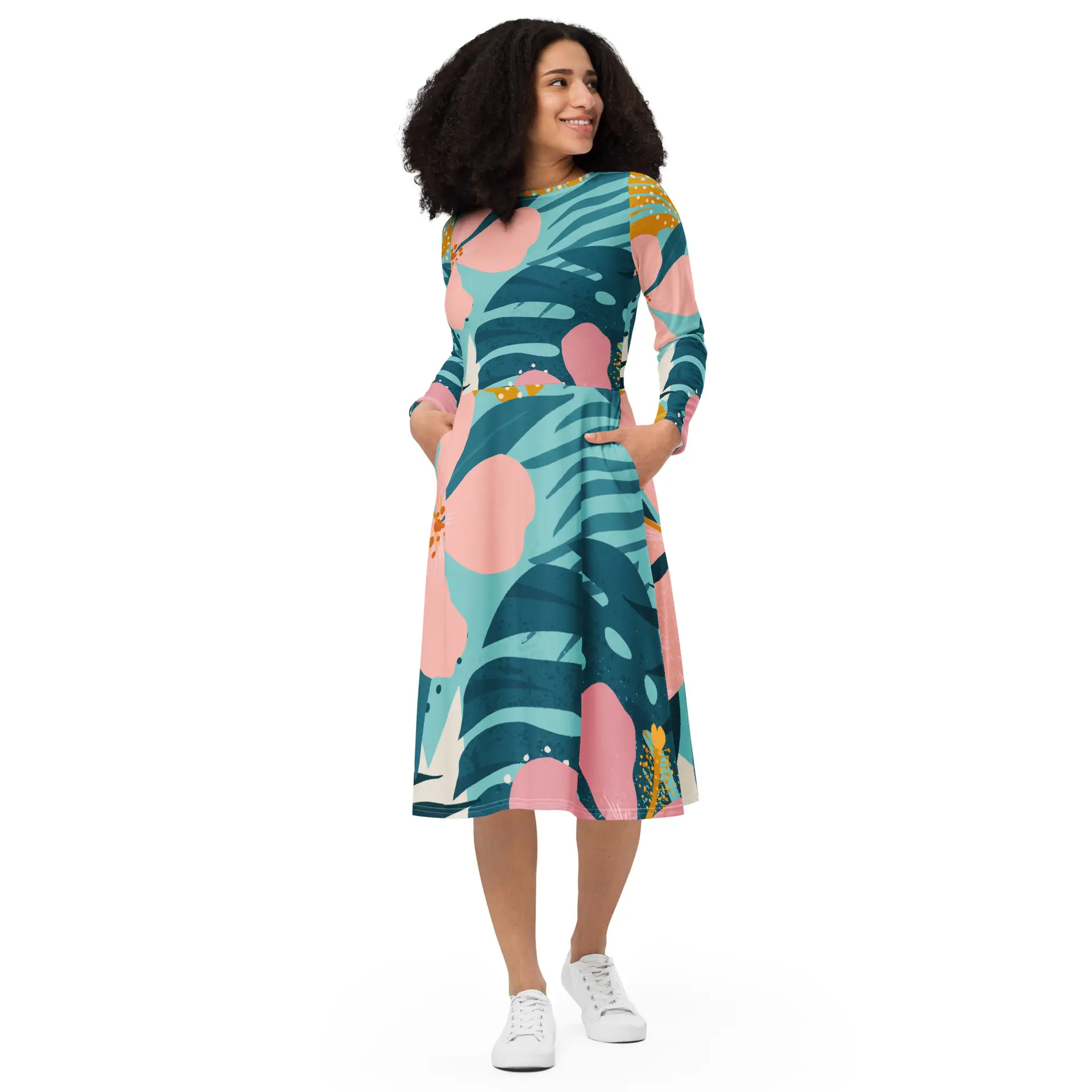 all-over-print-long-sleeve-midi-dress-white-front-67c12a8d9d7a5.jpg ViaFashion Tropical Bliss Long Sleeve Midi Dress - Image 1