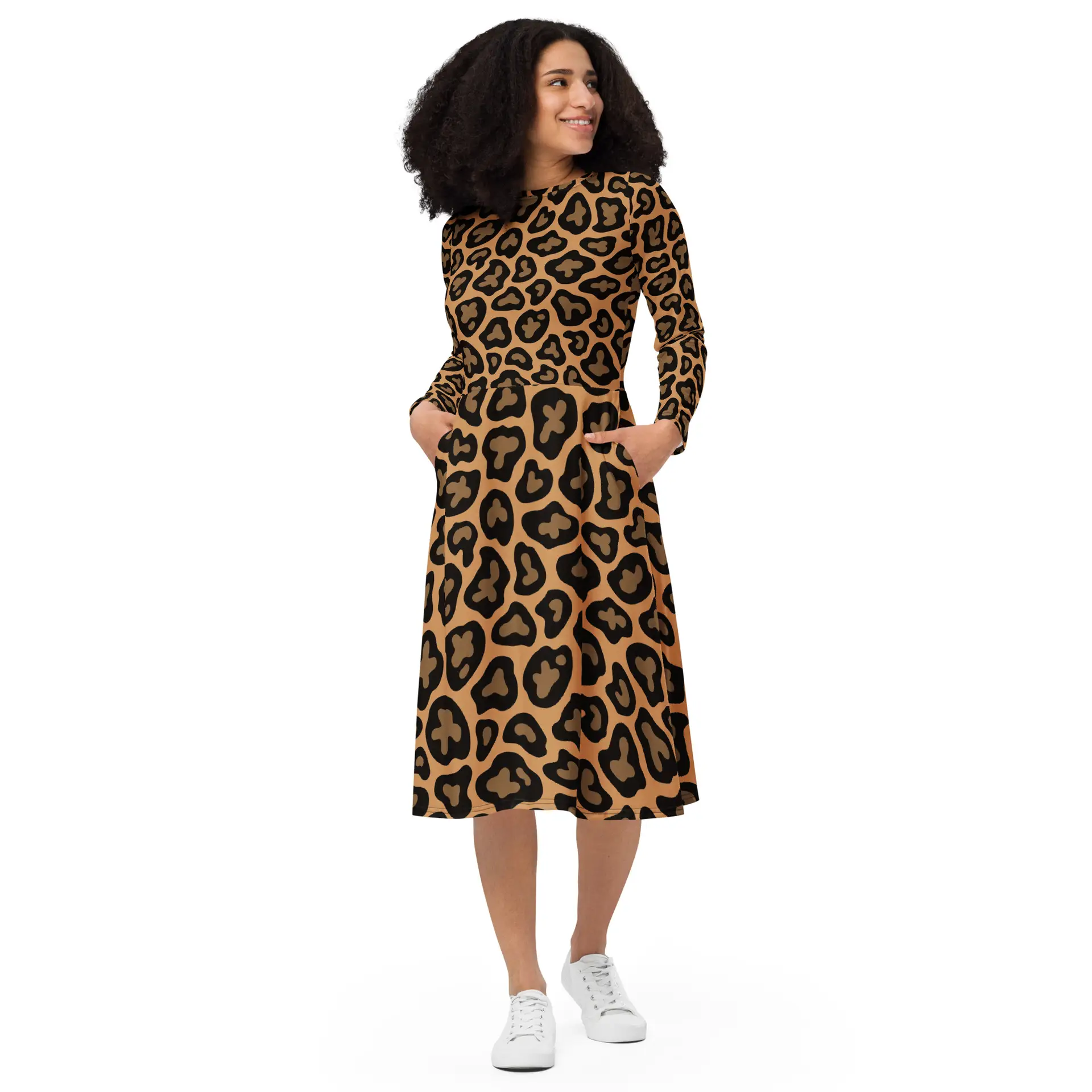 all-over-print-long-sleeve-midi-dress-white-front-67c12bff087d8.jpg ViaFashion Bold Leopard Long Sleeve Midi Dress - Image 1