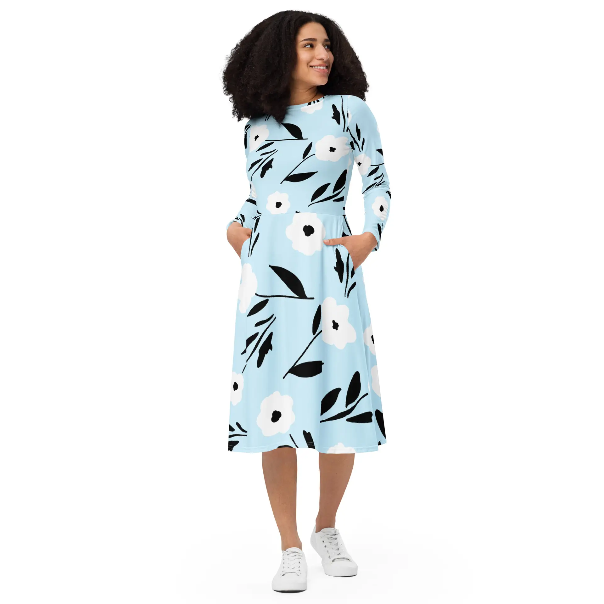 all-over-print-long-sleeve-midi-dress-white-front-67c12ee0d282f.jpg ViaFashion Soft Blue Floral Long Sleeve Midi Dress - Image 1