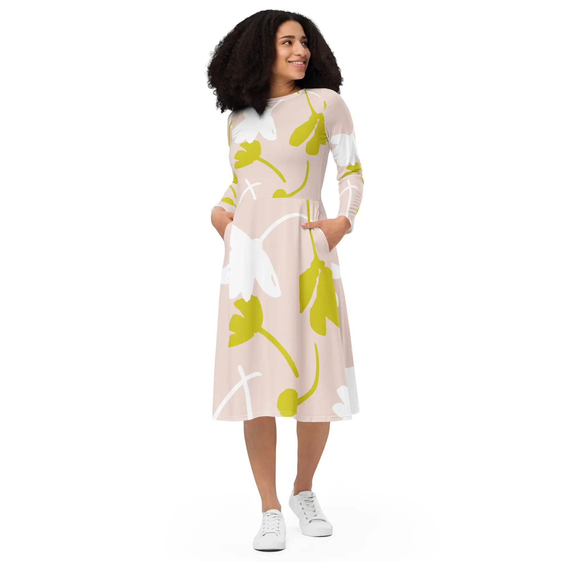 all-over-print-long-sleeve-midi-dress-white-front-67c13031b8aab.jpg ViaFashion Earthy Blossom Long Sleeve Midi Dress - Image 1