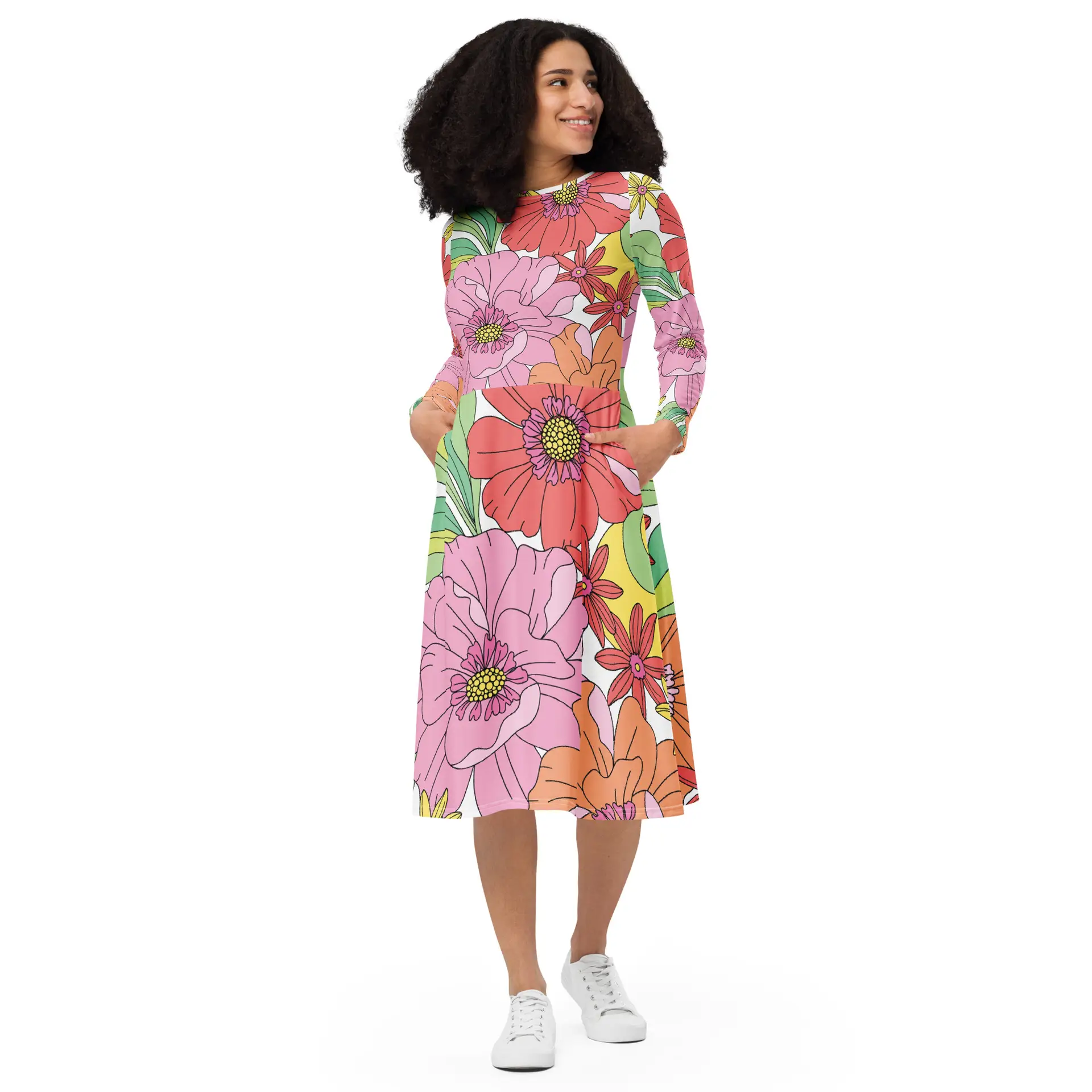 all-over-print-long-sleeve-midi-dress-white-front-67c13820e3243.jpg ViaFashion Vintage Bloom Long Sleeve Midi Dress - Image 1
