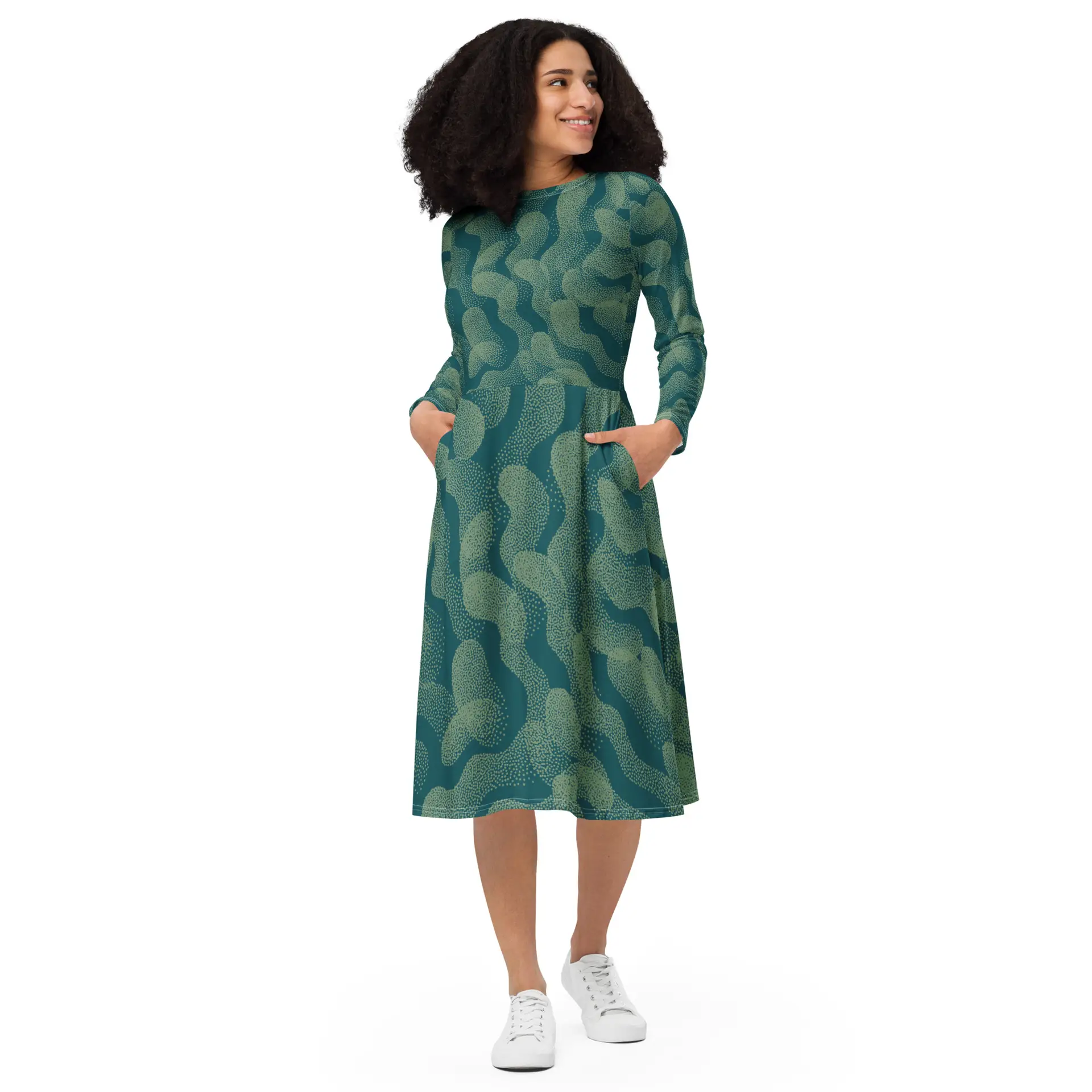 all-over-print-long-sleeve-midi-dress-white-front-67c139039a350.jpg ViaFashion Serpentine Flow Long Sleeve Midi Dress - Image 1