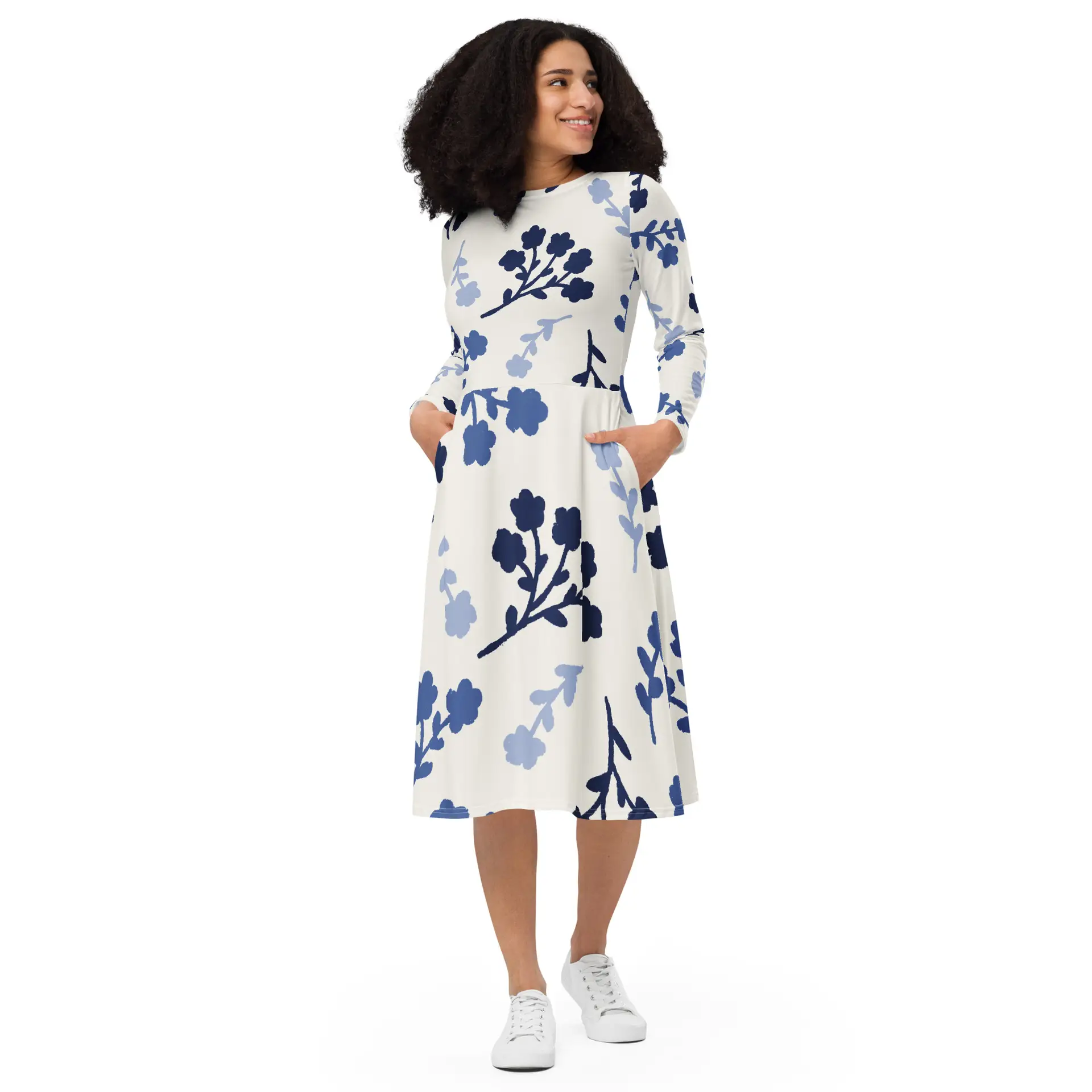 all-over-print-long-sleeve-midi-dress-white-front-67c13ad14df36.jpg ViaFashion Indigo Bloom Long Sleeve Midi Dress - Image 1