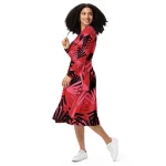 ViaFashion Scarlet Palm Long Sleeve Midi Dress – Bold Red & Black Tropical Print, Elegant & Flattering Fit - Image 2