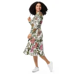 ViaFashion Botanical Elegance Long Sleeve Midi Dress – Timeless Floral Charm in White & Earthy Tones - Image 2