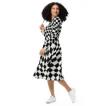 ViaFashion Illusionist Long Sleeve Midi Dress – Bold Black & White Checkered Pattern - Image 2
