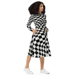ViaFashion Illusionist Long Sleeve Midi Dress – Bold Black & White Checkered Pattern - Image 6