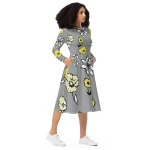 ViaFashion Midnight Blossom Long Sleeve Midi Dress – Chic Floral Elegance in Grey & Yellow - Image 7