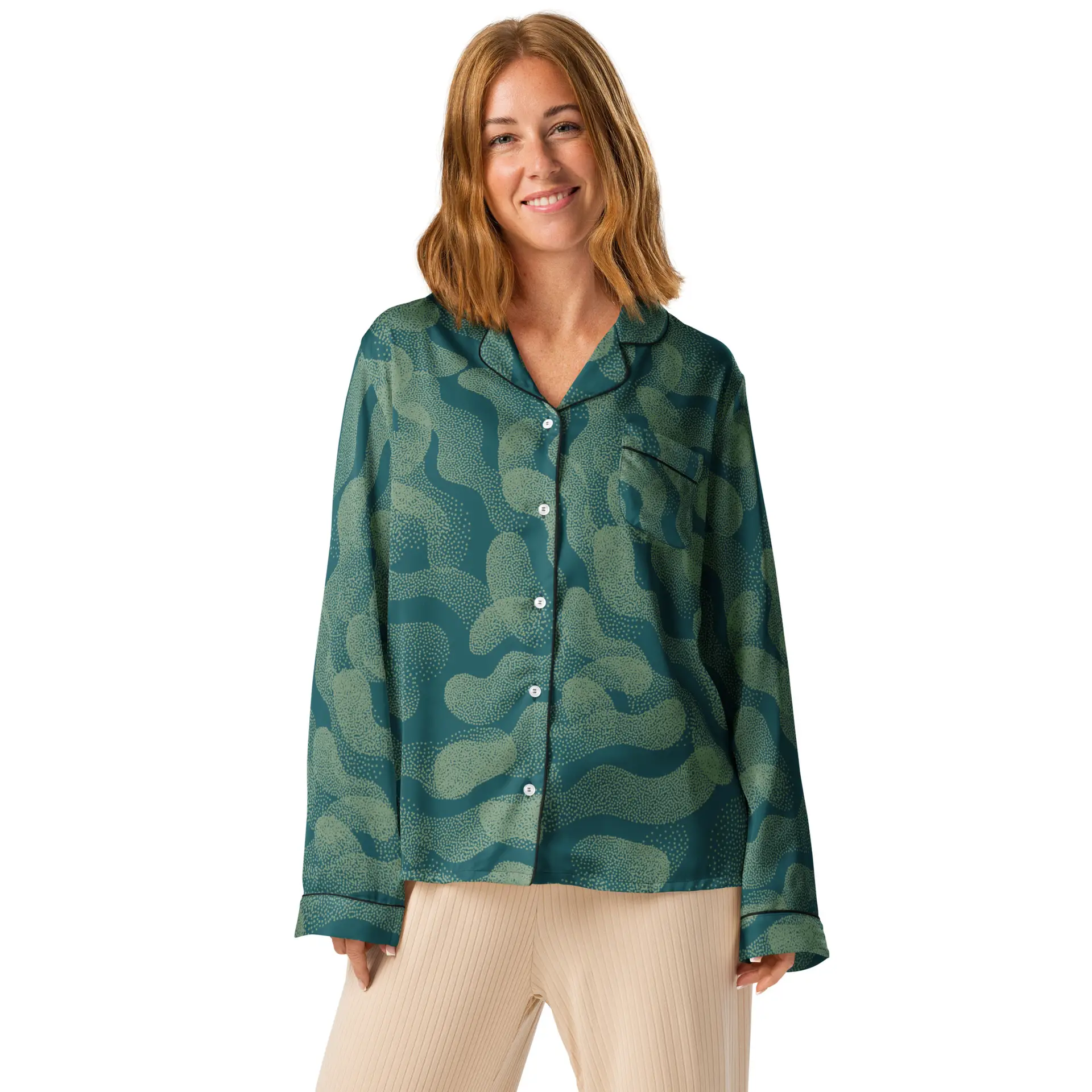 all-over-print-womens-long-sleeve-pajama-top-black-front-67c14a4e91cc1.jpg ViaFashion Serpentine Flow Women’s Pajama Top - Image 1