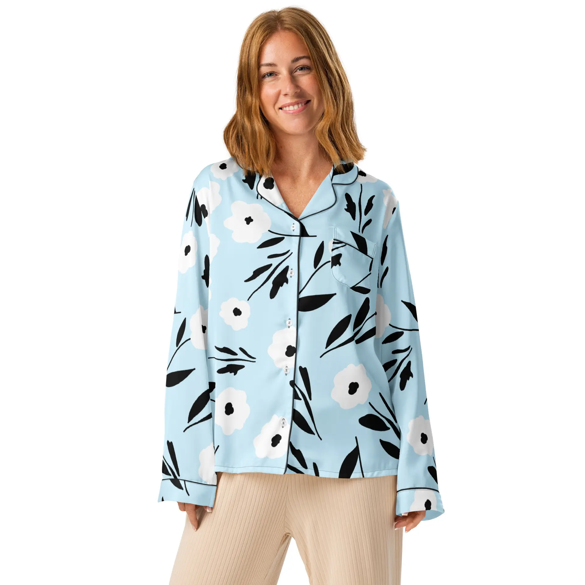 all-over-print-womens-long-sleeve-pajama-top-black-front-67c14b215a720.jpg ViaFashion Soft Blue Floral Women’s Pajama Top - Image 1