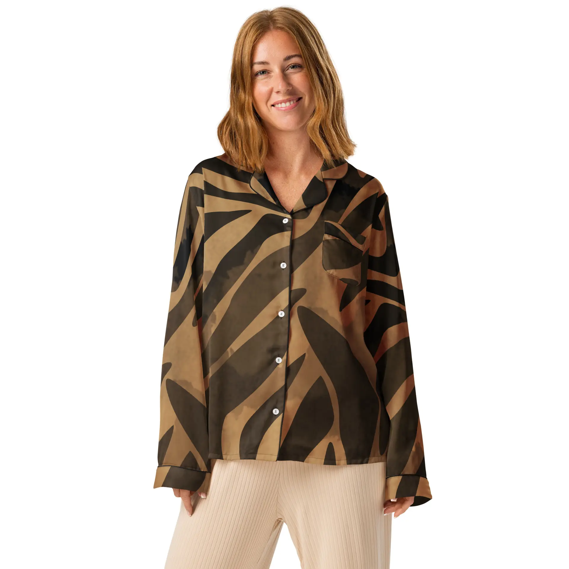 all-over-print-womens-long-sleeve-pajama-top-black-front-67c14f6d08833.jpg ViaFashion Earthy Swirl Women’s Pajama Top - Image 1