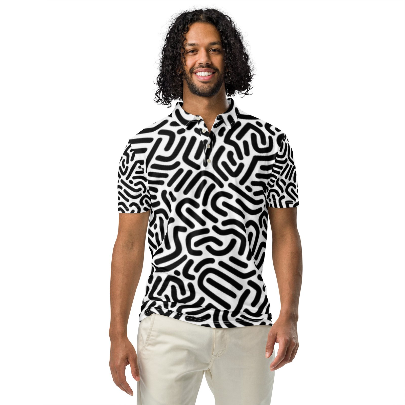 mens-all-over-print-slim-fit-polo-shirt-white-front-67f7ed2378f80.jpg Men’s slim fit polo BW Pattern - Image 1